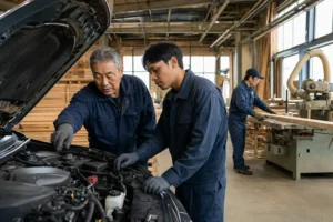 自動車整備と木材産業の現場で指導を受ける育成就労者