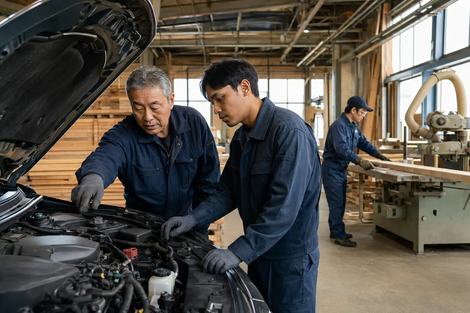 自動車整備と木材産業の現場で指導を受ける育成就労者