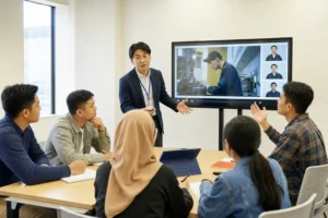 多国籍の参加者が育成就労制度の多言語動画を使って学ぶ研修