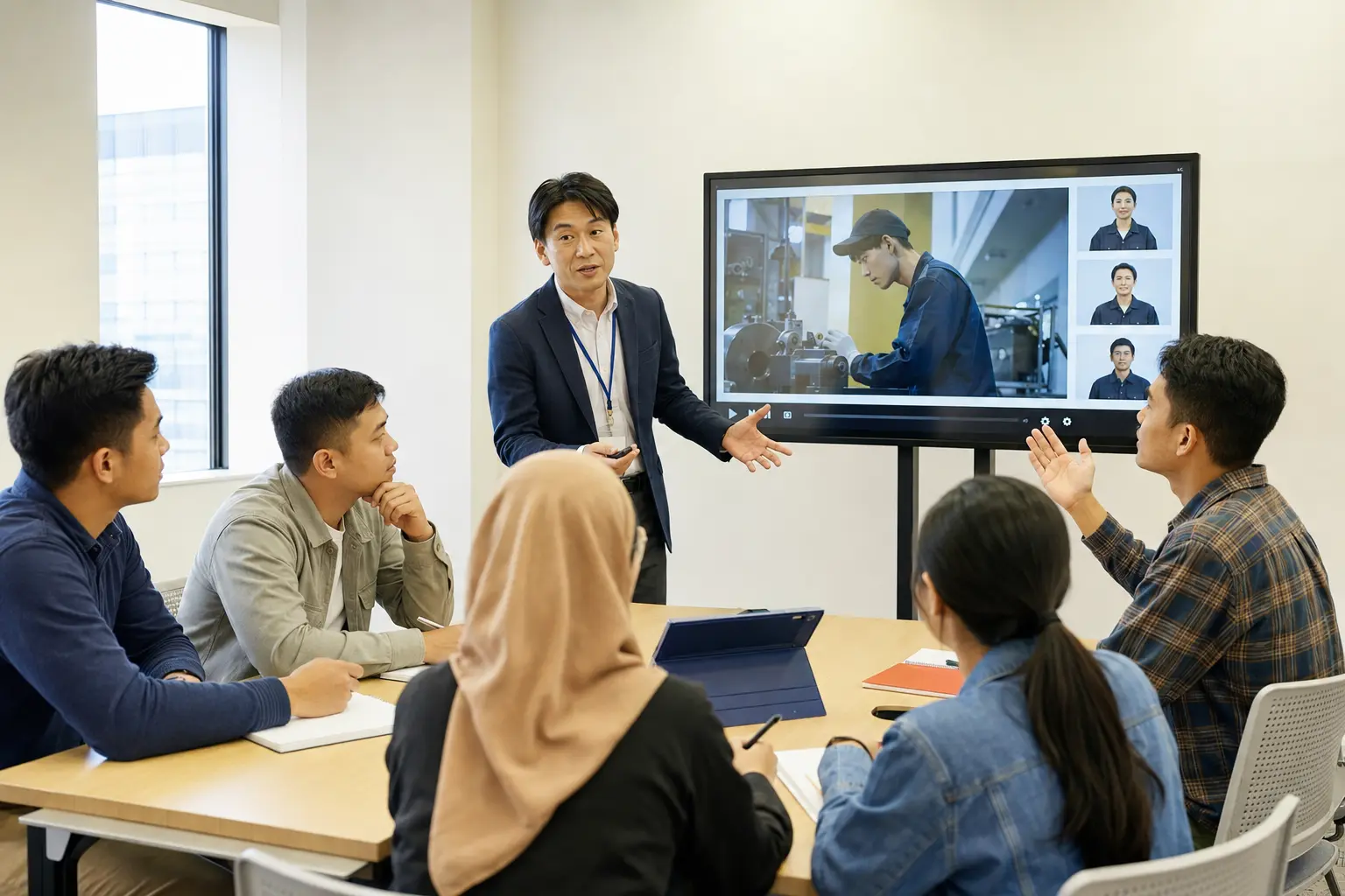 多国籍の参加者が育成就労制度の多言語動画を使って学ぶ研修